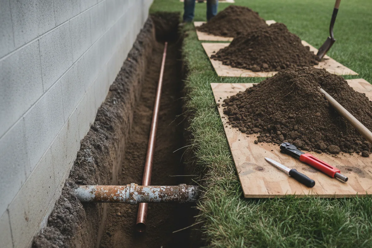 Excavated water line trench during Water Softener Installation in Ten Mile
